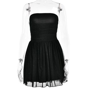 欧美跨境热销新款连衣裙 性感潮流网纱拼接一字领抹胸露背短裙女