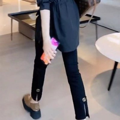 孕妇裤子春夏季薄款n大码黑色九分女小个子直筒开叉外穿烟管牛仔