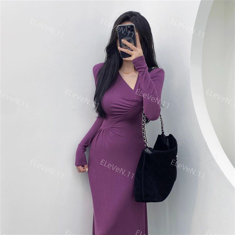 致命女人~纯欲高级n感鱼尾紫色v领修身连衣裙显瘦大摆气质长裙秋
