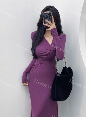 致命女人~纯欲高级n感鱼尾紫色v领修身连衣裙显瘦大摆气质长裙秋