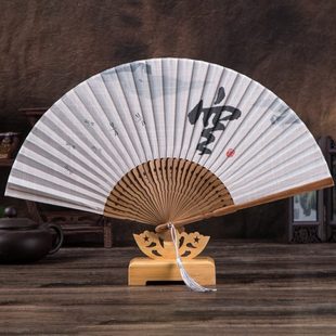 中国风中式 男生高颜值古风扇实骨绢子 男士 便携结玉折扇布耐用男款