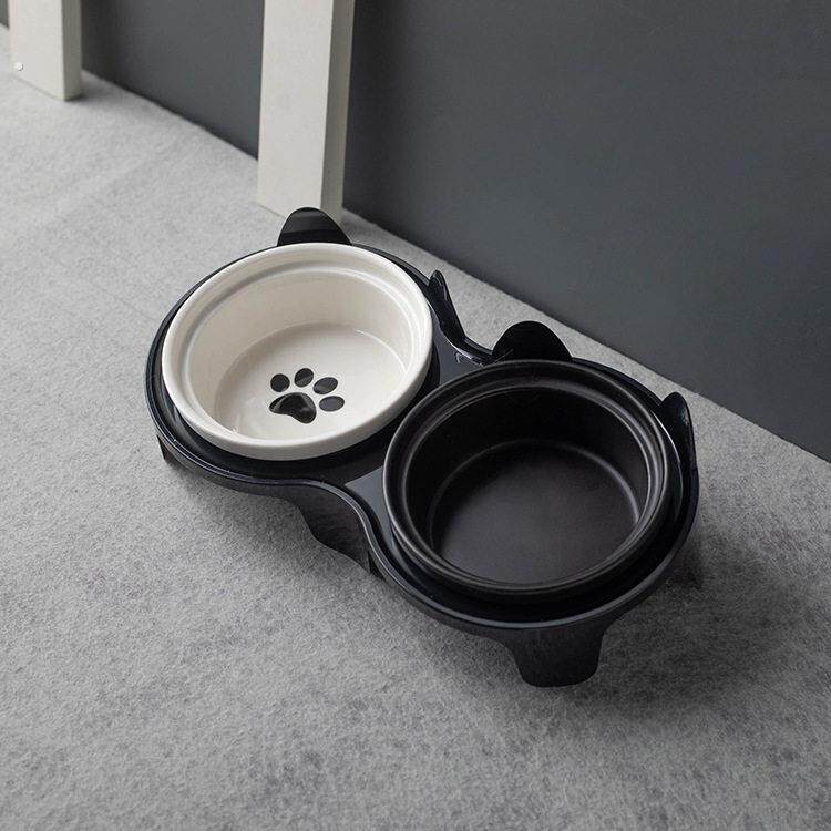 陶瓷猫狗碗双碗套装黑白色猫爪印宠物食碗猫狗通用碗喂食器猫粮碗