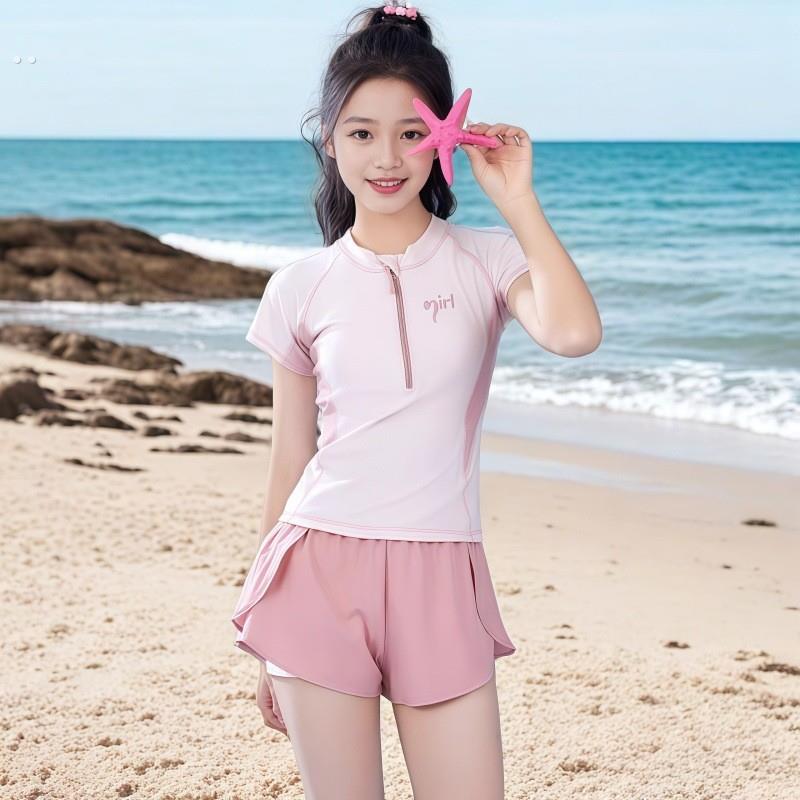 2025新款大童儿童泳衣女孩初中生少女发育期分体保守带胸垫运动款