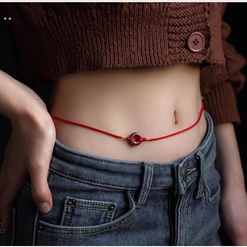 2025蛇年本命年红腰带红绳朱砂平安扣红绳腰链红色编织礼物手工红
