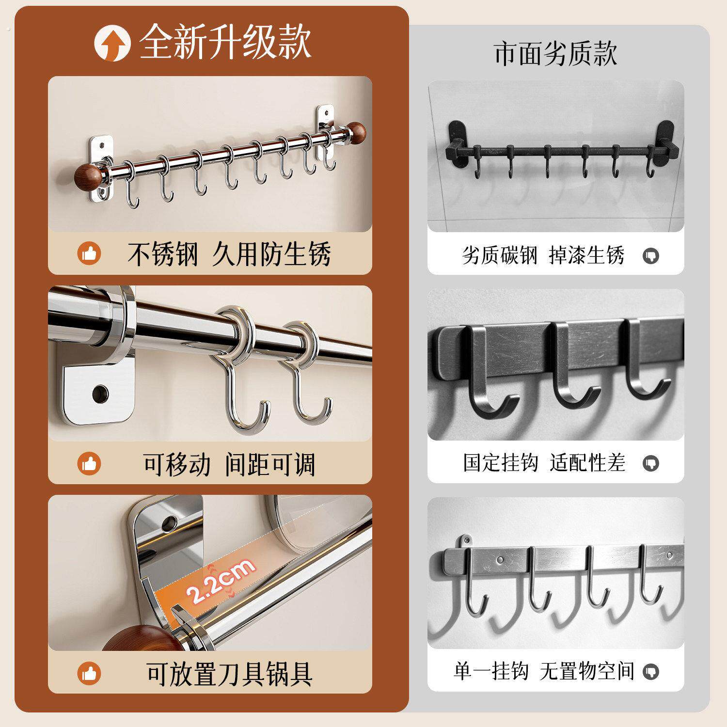 不锈钢厨房挂钩厨房置物架挂杆锅铲一排挂架壁挂免打孔收纳架