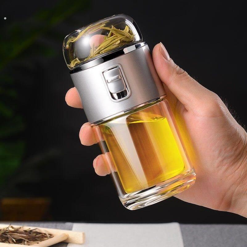 高端茶水分离杯双层一键锁水泡茶杯迷你便携玻璃水杯泡茶过滤杯子