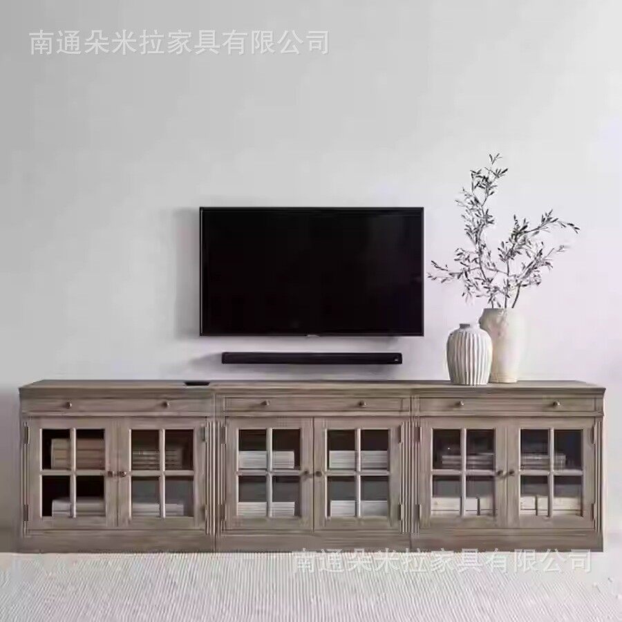 美式乡村客厅实木灰橡木大电视柜书柜玻璃组合柜背景墙法式做旧柜