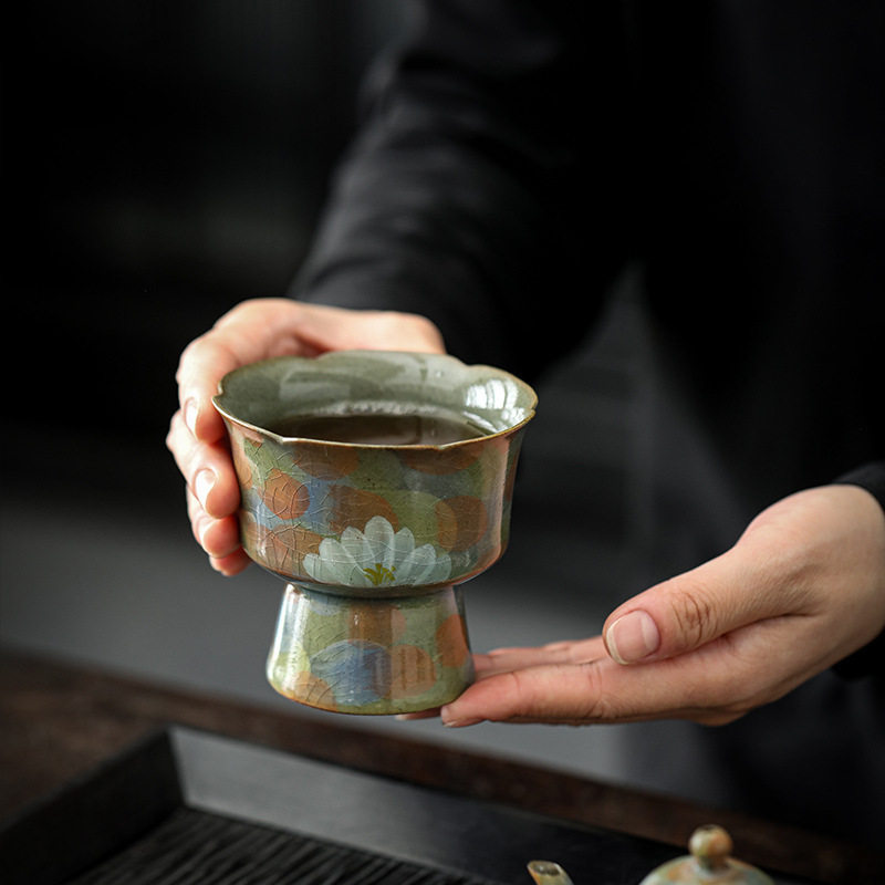 雏菊中式手绘汝瓷茶杯冰裂釉汝窑高足主人杯高脚杯中式复古品茗杯