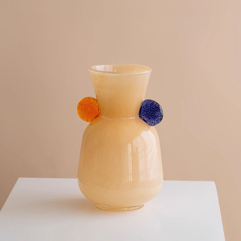 中古手工双耳可爱琉璃花瓶轻奢高级感餐桌插花斗柜奶油黄装饰花器