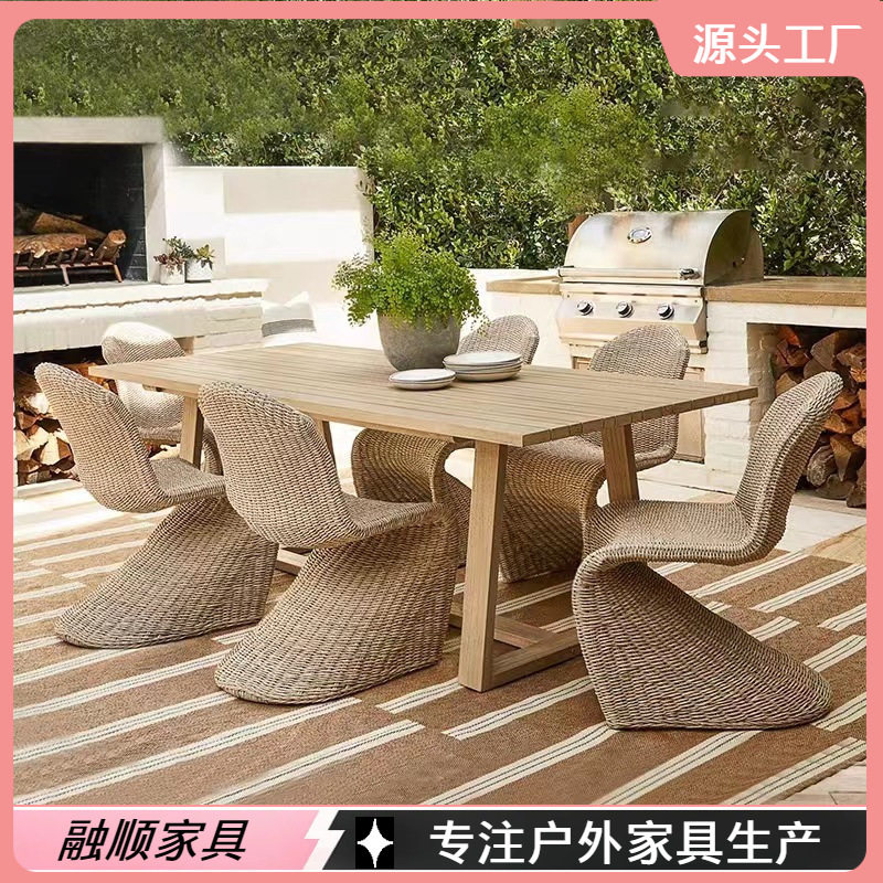 户外藤编实木桌椅酒店民宿花园庭院阳台休闲藤编椅子柚木桌子组合
