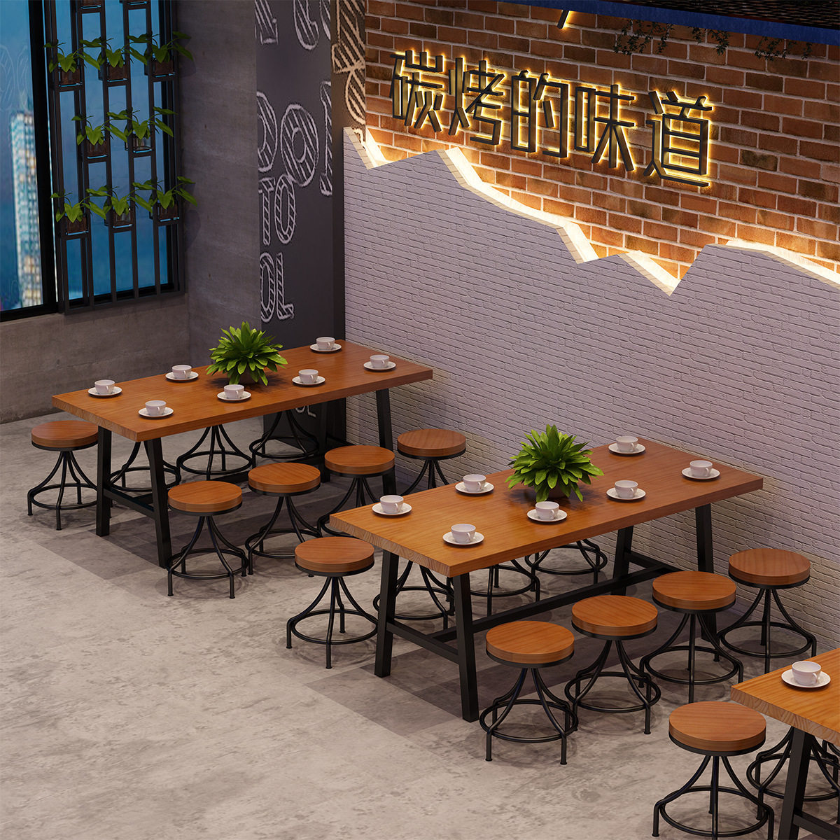 工业风餐厅商用实木餐桌椅组合长方形铁艺音乐餐吧酒吧吃饭桌椅子