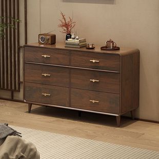 新中式斗柜卧室家用五斗柜床尾收纳储物柜复古风靠墙实木色抽屉g^