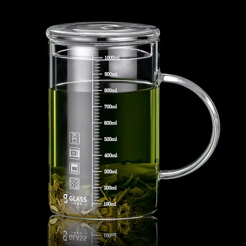 大容量男士玻璃杯带盖把手刻度办公室透明泡茶杯水杯子豪饮1000ml