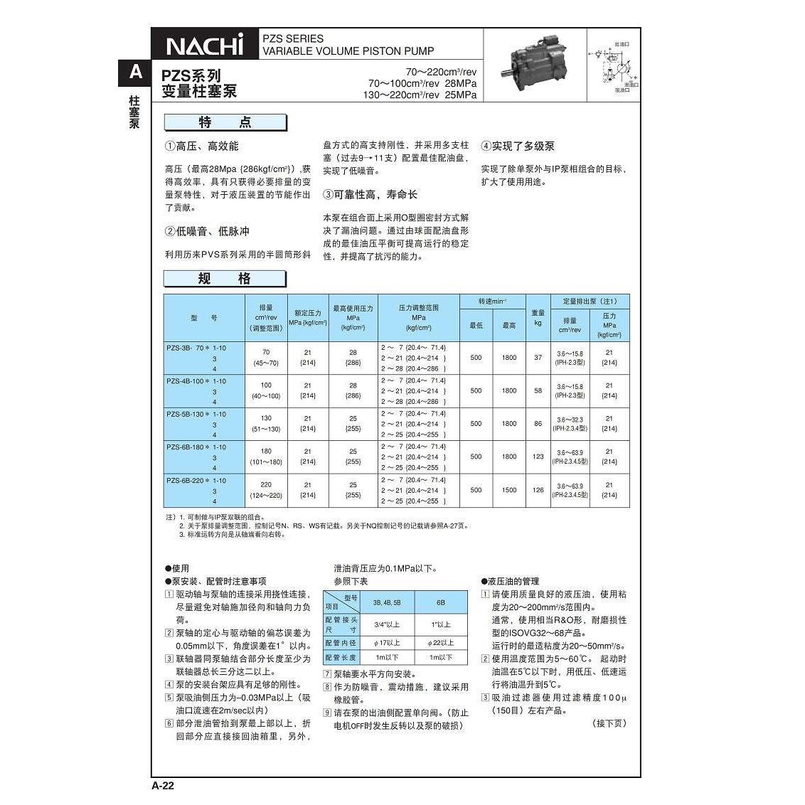 日本不二越NACHI柱塞泵PZS-4B-200N1-10 200N3-10 200N4-10 4A
