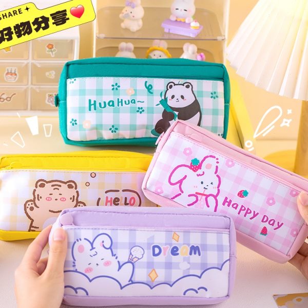 简约卡通笔盒男帆布女孩双层大容量初中生文具袋笔袋小学生文具盒