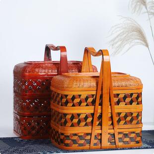 竹制品手工竹编食盒提篮结婚挑担喜事篮婚庆篮聘礼篮多层复古竹篮