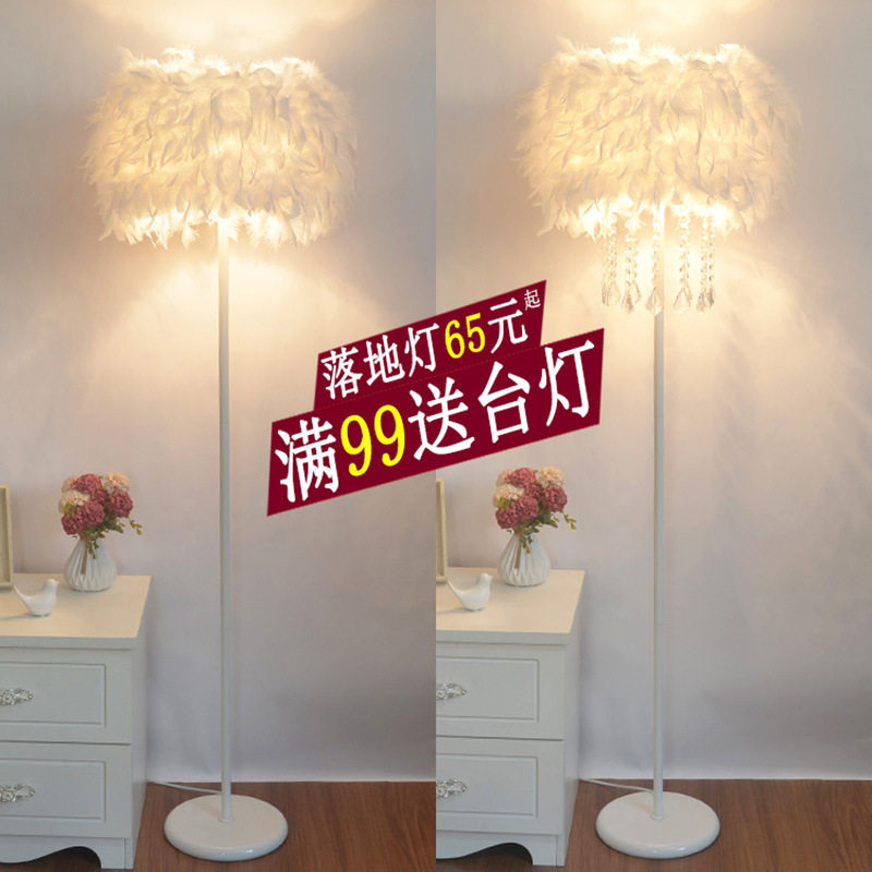 网红灯饰白色羽毛水晶立式落地灯客厅书房卧室床头台灯主播补光灯