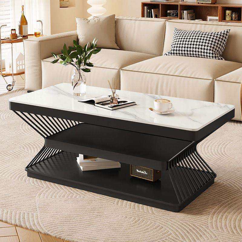 奶油岩板茶几家用客厅新款现代长方形双层茶桌小户型简约轻奢桌子