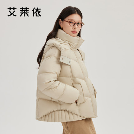艾莱依时尚羽绒服女2024年冬新款连帽休闲面包服简约短款鸭绒外套