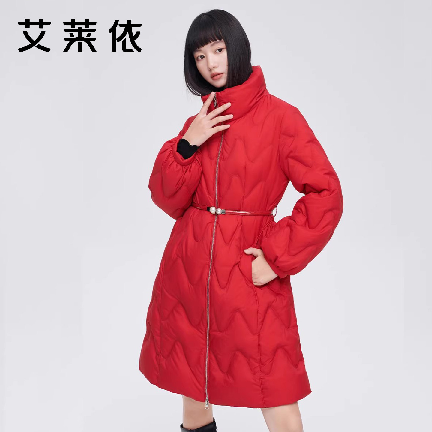 艾莱依中长款羽绒服女休闲冬季季新款时尚立领收腰反季防风外套