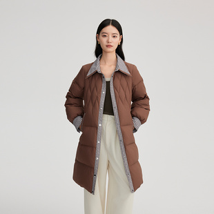 艾莱依长款羽绒服女2025冬季新款收腰百搭简约时尚千鸟格拼接外套