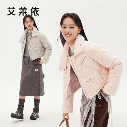 艾莱依精巧刺绣短款羽绒服女2024年秋新款不对称衣领时尚短款外套