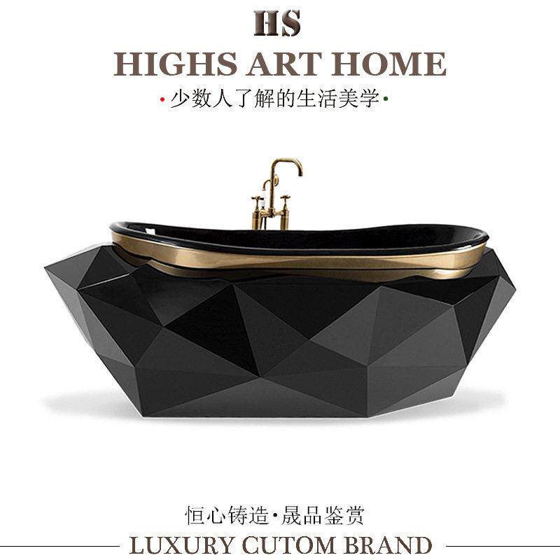 奢华黑金不锈钢钻石浴缸设计师级感豪宅别墅浴室泡澡盆工厂直销