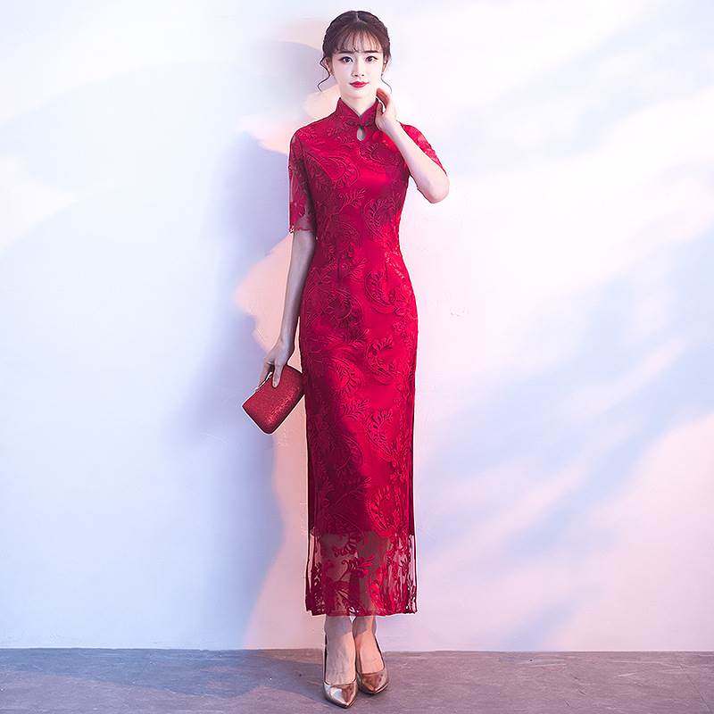 红色新娘敬酒服旗袍2023新款修身长款复古中国风中式结婚礼服裙女