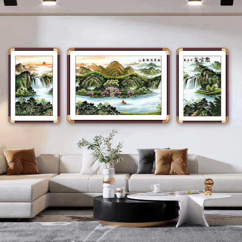 客厅装饰画三联挂画聚宝盆风水新中式国画山水画新款榫卯工艺墙画