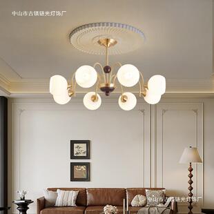 全铜中古风客厅吊灯轻奢奶油风餐厅灯主卧室灯法式网红玻璃铜灯具