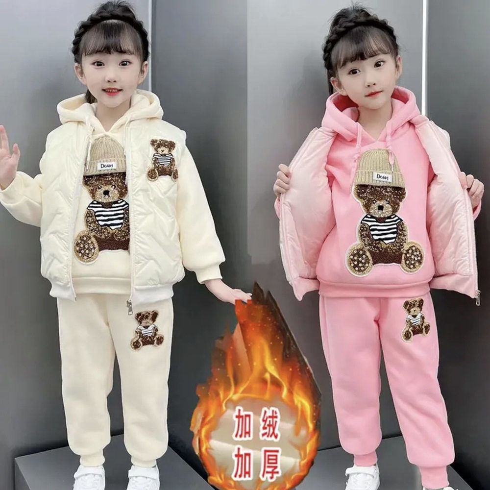 女童套装秋冬装2025新款儿童时髦加绒加厚冬季大童马甲卫衣三件套
