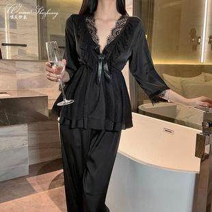 深V甜美蕾丝上衣长裤 蕾丝花边缎面家居睡衣套装 两件家居服