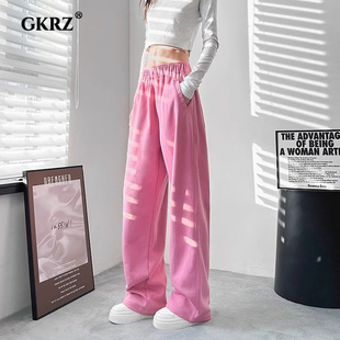 女夏季 小个子直筒休闲裤 2025新款 宽松胖mm窄版 加长 大码 粉色阔腿裤