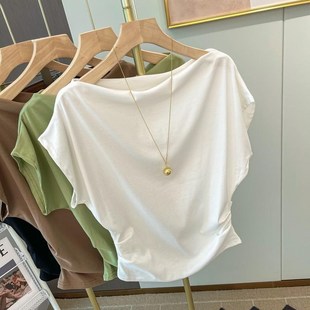 T恤上衣小衫 欧货法式 白色半袖 夏季 气质一字肩领露锁骨上衣B女短袖