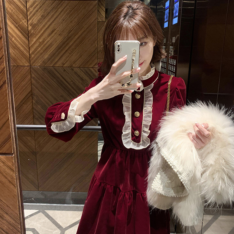 法式宫廷风丝绒孕妇洋p装秋冬新款气质遮肚显瘦A字裙回门敬酒服