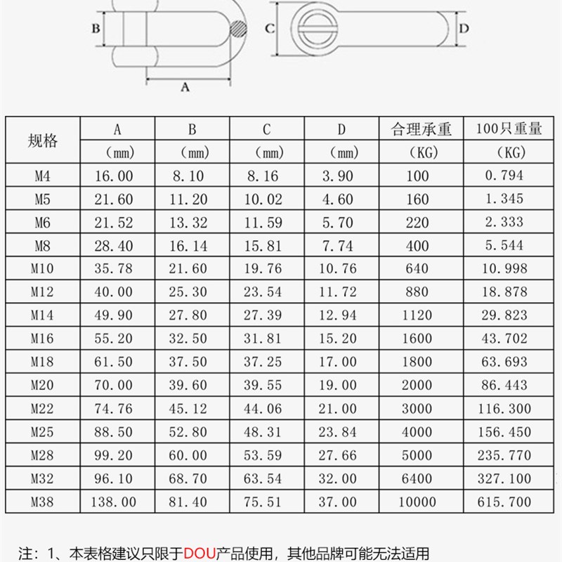 304不锈钢d型卸扣u型卸扣弓形环起重吊环吊装工具d形船用连接吊耳