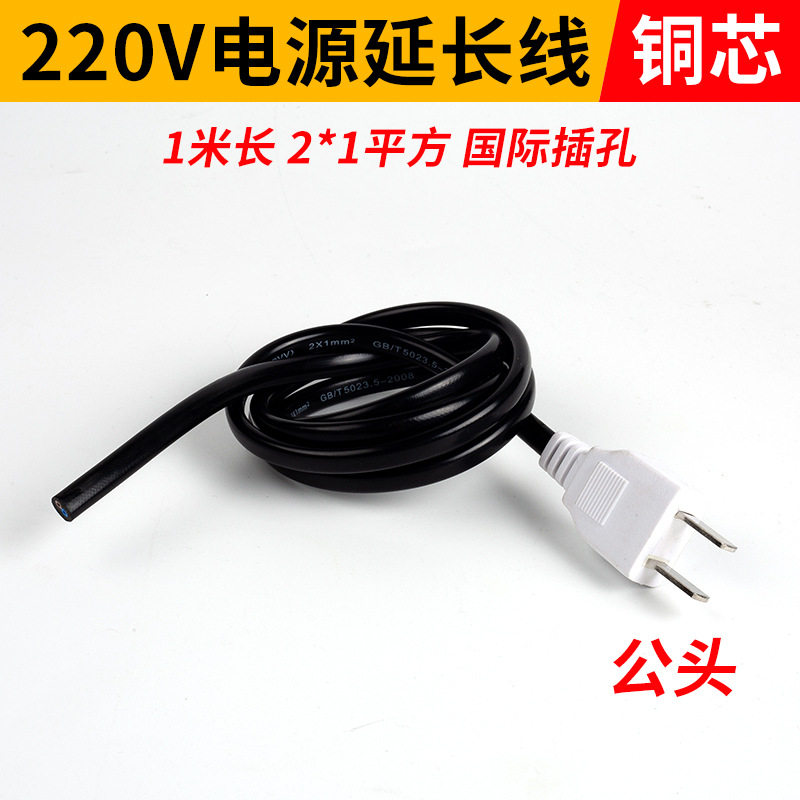 纯铜一体带线两脚插头加粗线芯延长线监控安防弱电设备两孔母插头