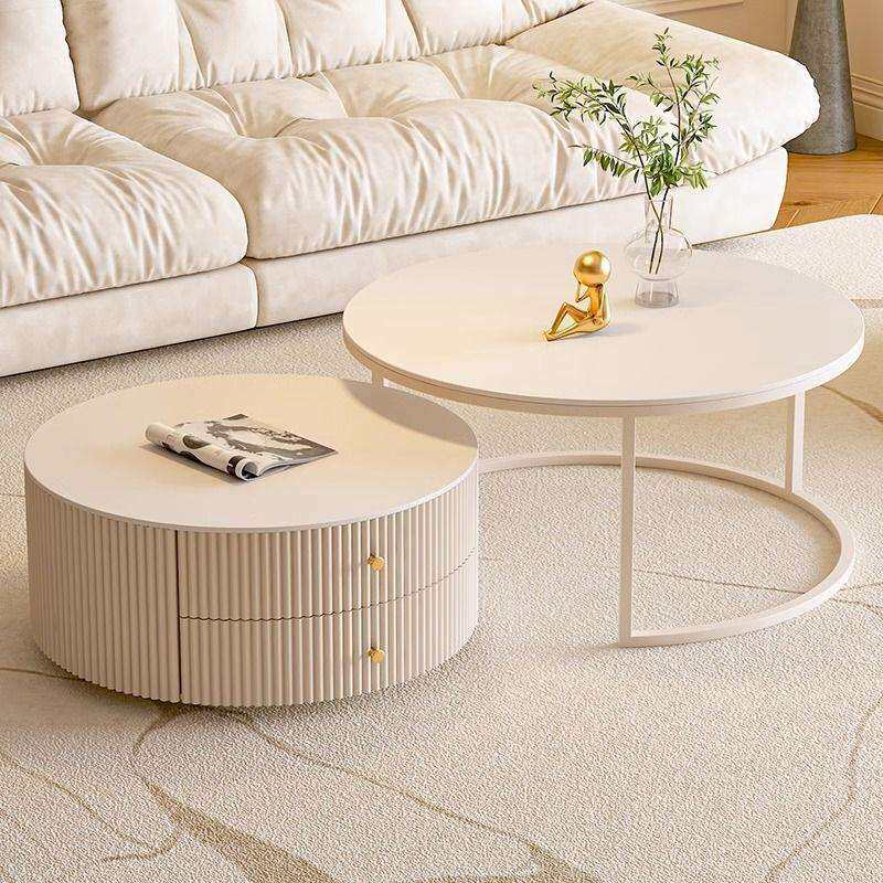 奶油风岩板茶几桌客厅家用小户型圆形茶几组合轻奢简约现代高级感