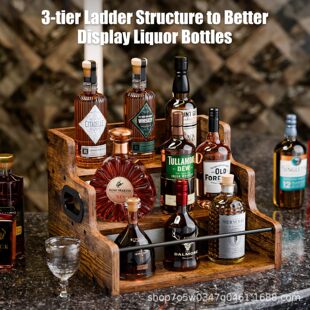 木质三层酒架带提手酒瓶收纳架酒吧调酒置物架家庭简易吧台酒架