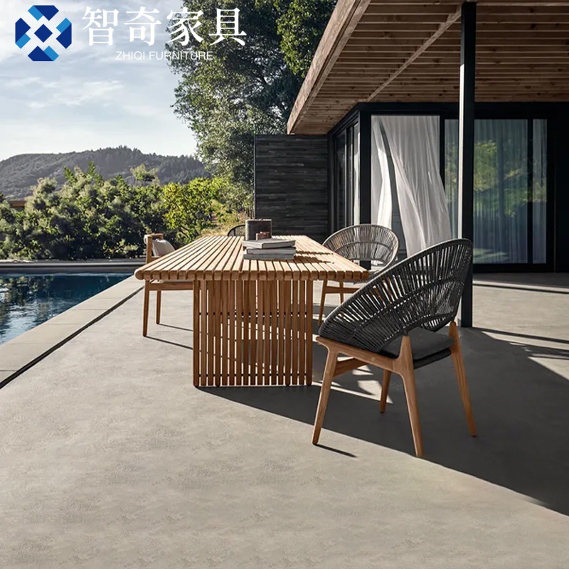 户外藤编桌椅柚木别墅庭院北欧休闲实木家具花园阳台防水防晒组合