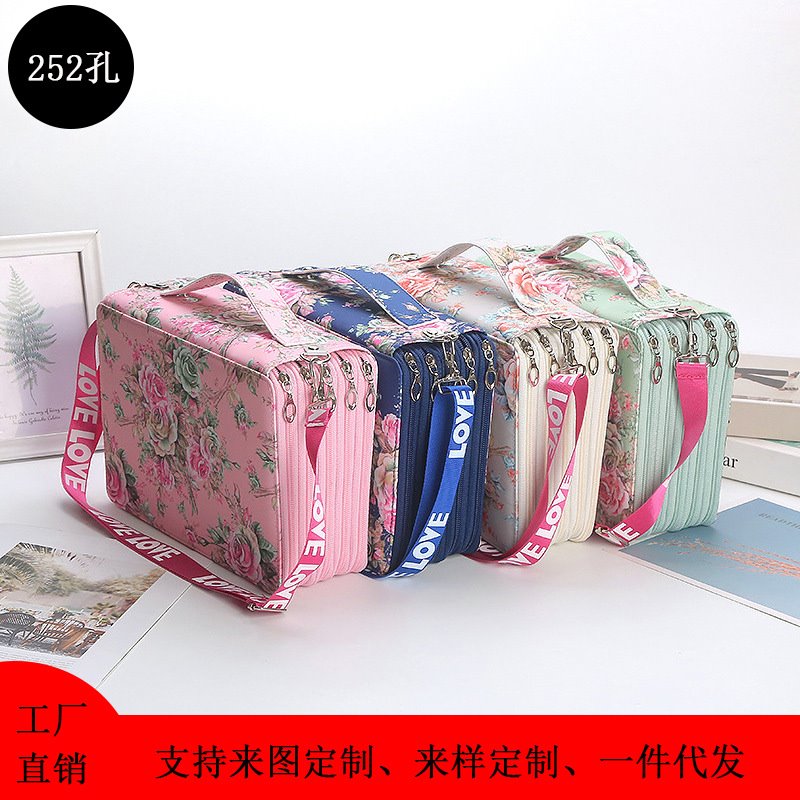 印花布艺252孔单肩可背铅笔收纳包 美术学生绘画铅笔袋画笔盒批发