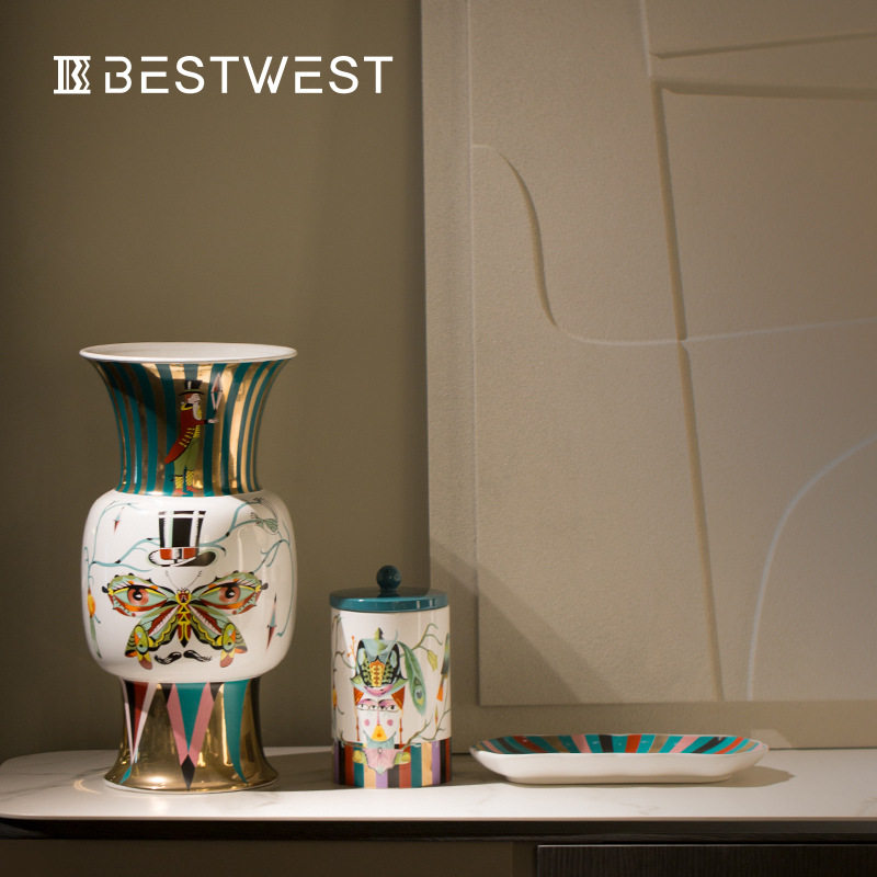 博西家居 中式复古彩绘人脸陶瓷花瓶摆件软装陶罐花器装饰品套装