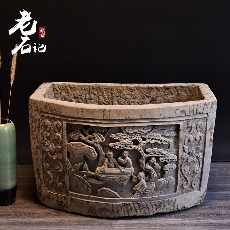 做旧长方形石槽做旧牛槽羊槽大理石鱼缸仿古石头户外室外庭院造景