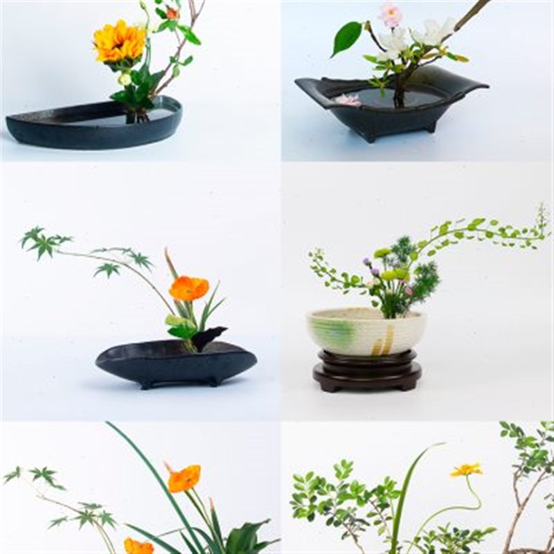 陶瓷花器禅意花盘黑色斗笠碗小原流插花H器套日式花道剑山插花器