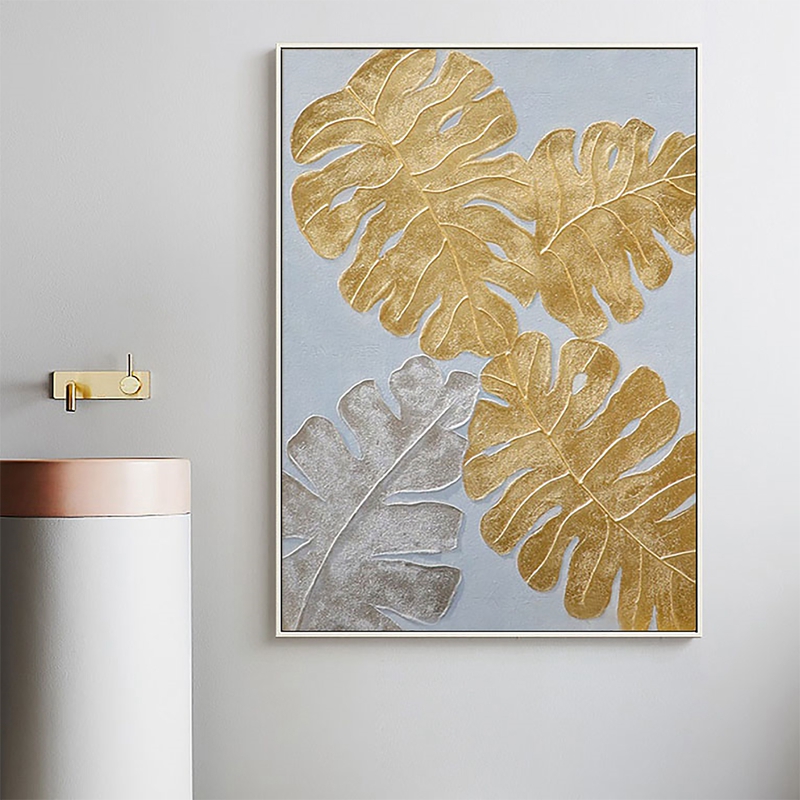 纯手工金色树叶画客厅装饰画沙发背景墙手绘画厚肌理浮雕挂画定制图片