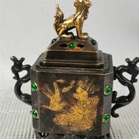 仿古銅鎏金雙耳貔貅v四足方鼎香爐擺件古玩古董