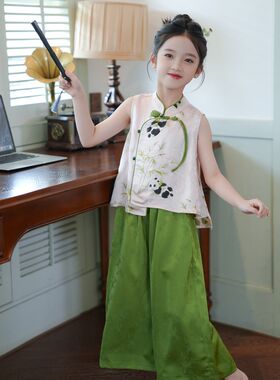 儿童夏季汉服套装新中n式国风2024新款女童改良旗袍上衣裤子两件