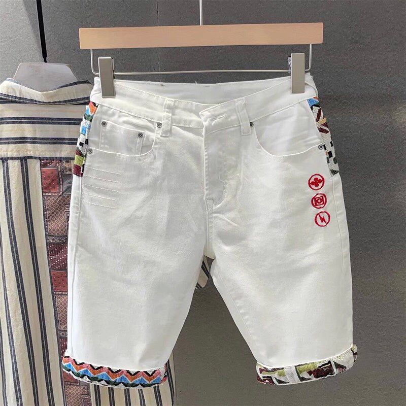 夏季潮牌牛仔短裤男薄款小伙拼接刺绣印花纹破洞白色五分中裤弹力
