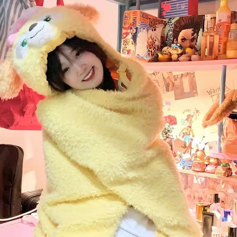 饼饼毛毯宿舍女连帽披肩浴巾卡通毛绒F斗篷办公室午睡盖毯空调毯