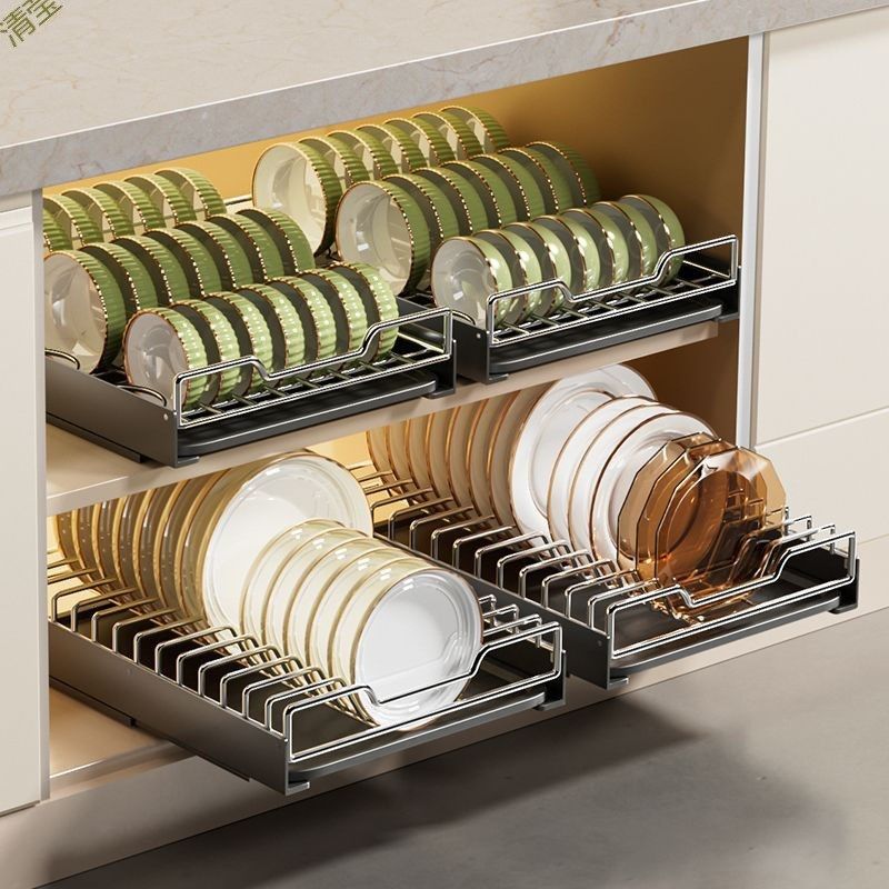 橱柜拉篮碗碟置物l架304不锈钢碗碟架免安装抽屉式碟子收纳架,家装主材,拉篮,淘宝优惠券,粉丝福利购,淘宝优惠卷